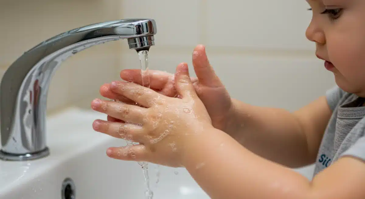 Toddler washing hands with soap and water