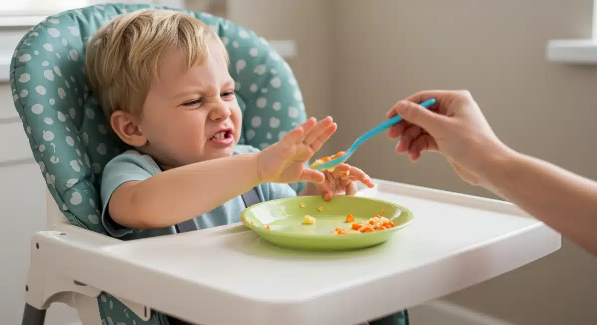 Toddler refusing food during mealtime, showing defiance.
