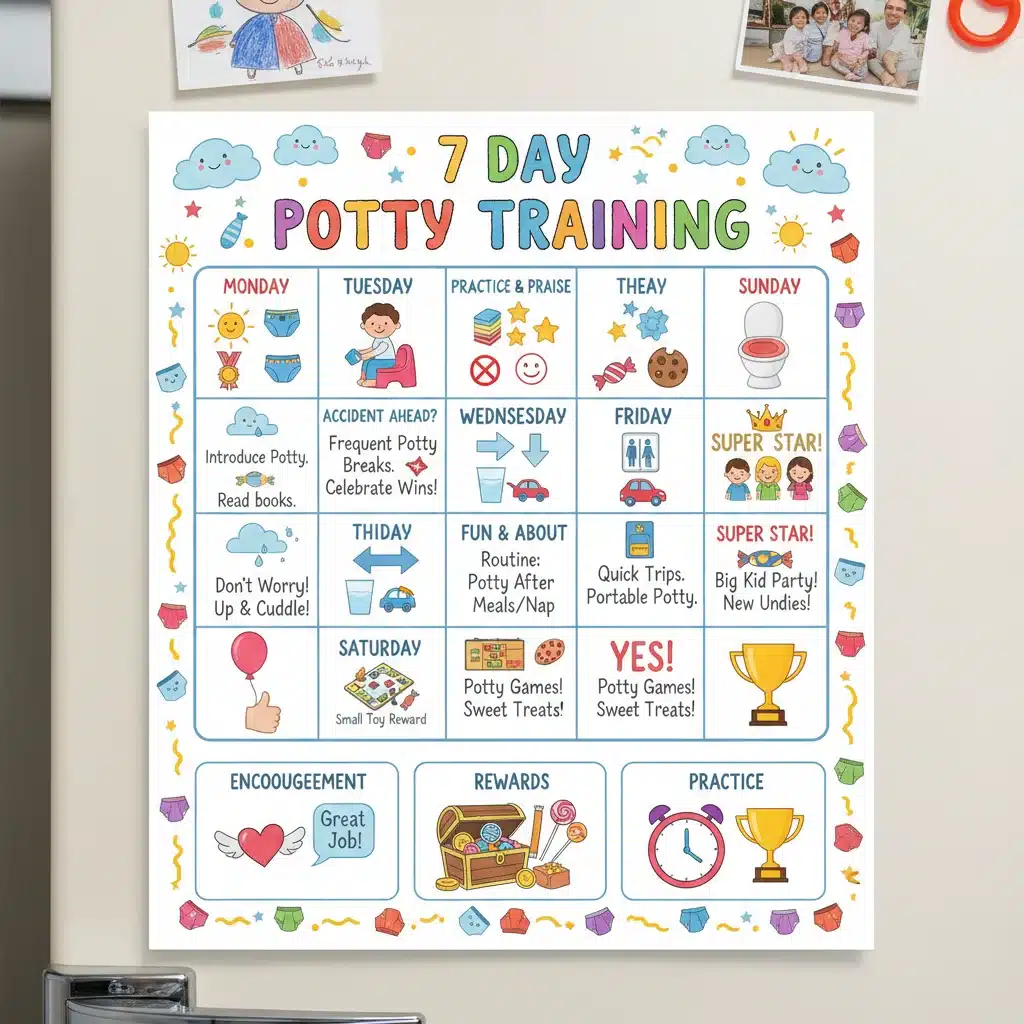 Weekly calendar showing a structured 7-day potty training schedule with visual cues for daily activities and rewards.
