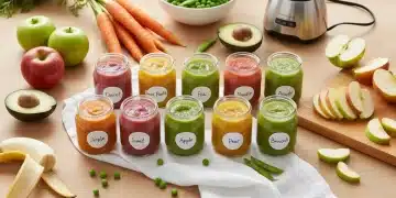 Colorful baby purees in glass jars, organized on a kitchen counter with fresh produce.