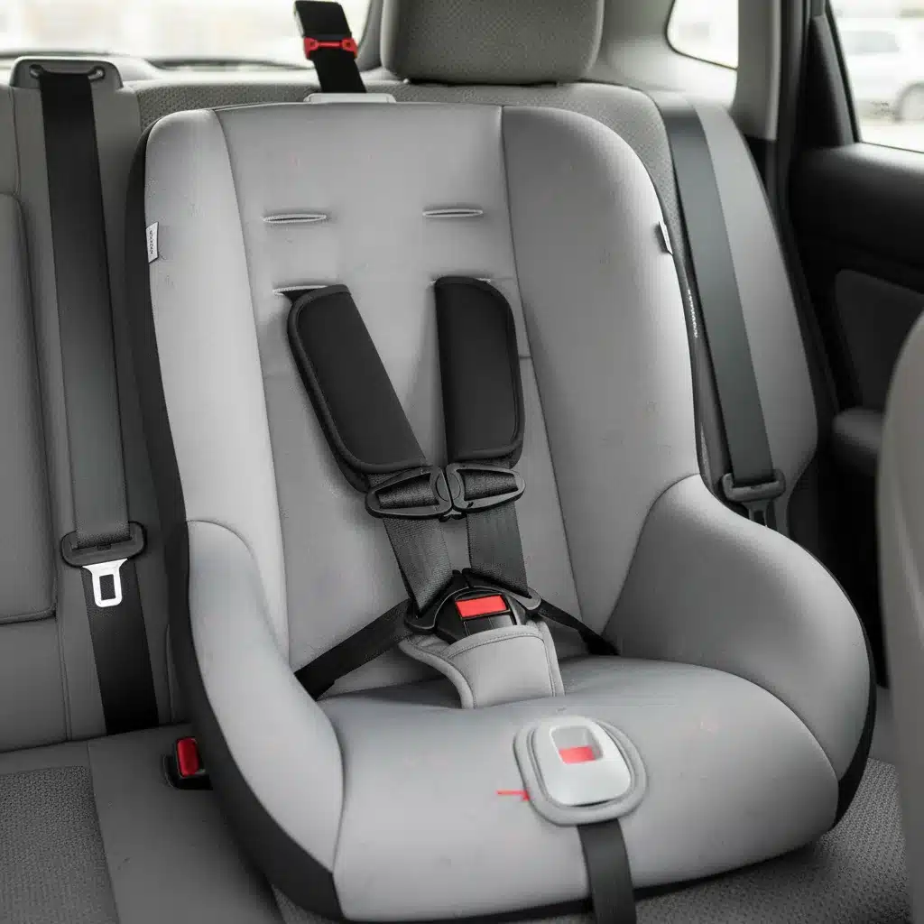 Properly adjusted child car seat harness system installation