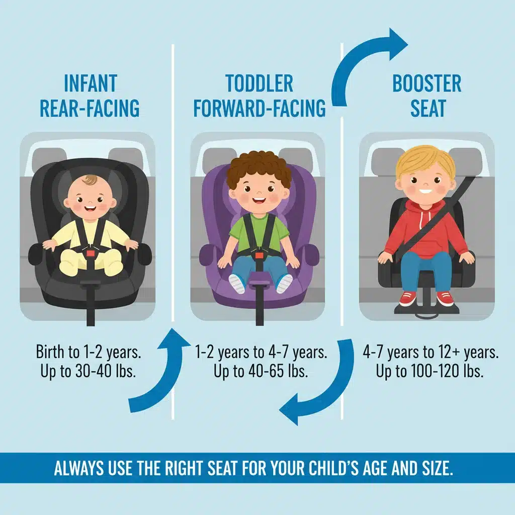 Infographic showing various stages of car seat usage and transitions