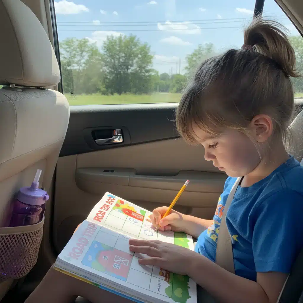 Child entertained with travel activity book in car back seat