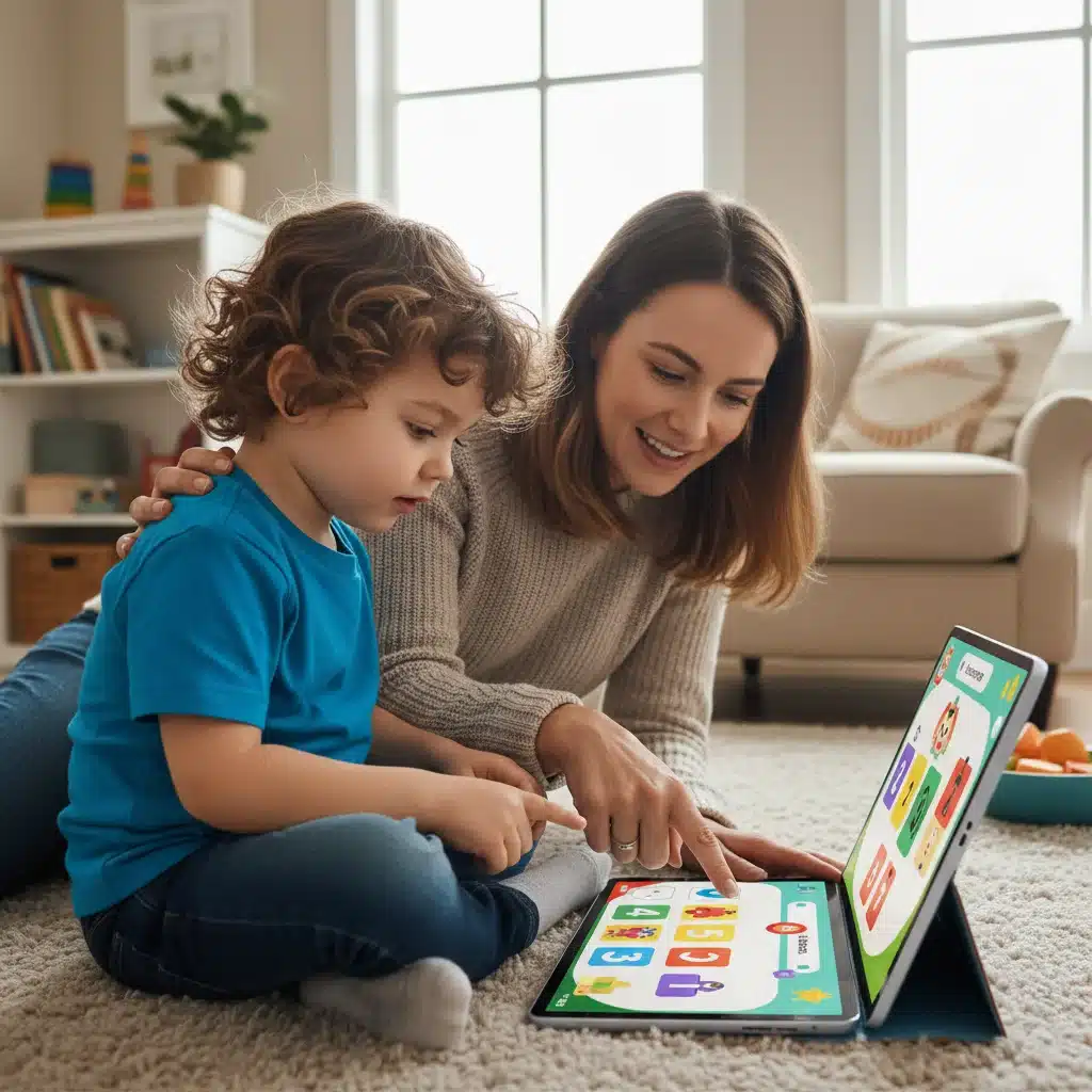 Child and parent engaged in educational tablet game