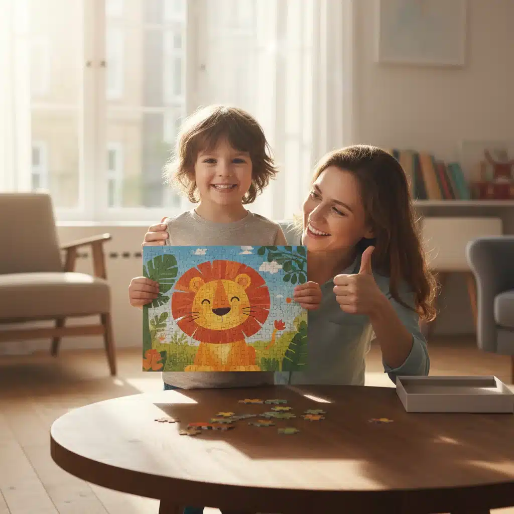 Child proudly displays completed puzzle, demonstrating self-efficacy.