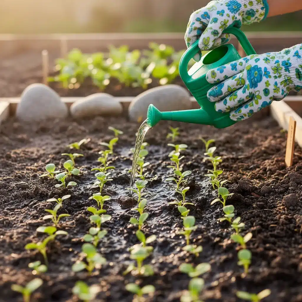 Child watering newly sprouted vegetable seedlings