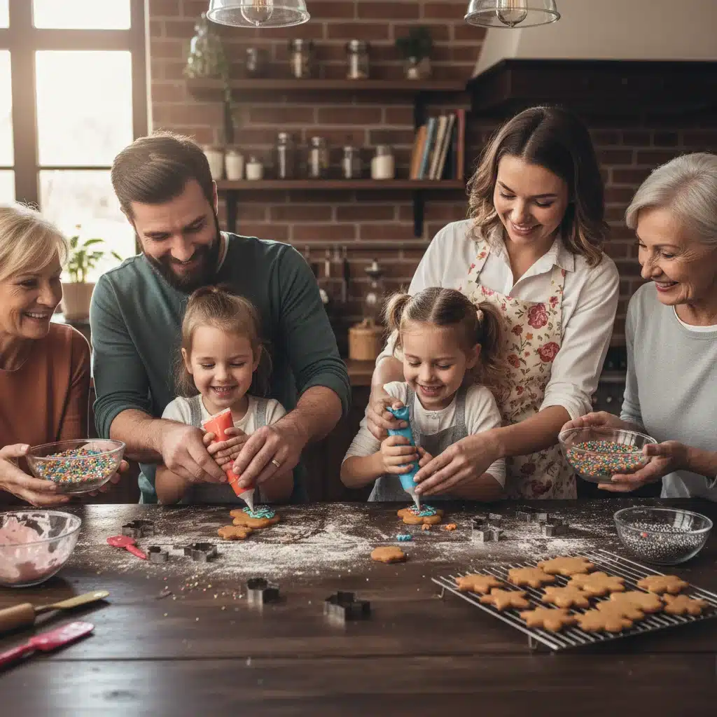 Family decorating cookies together in a warm kitchen.