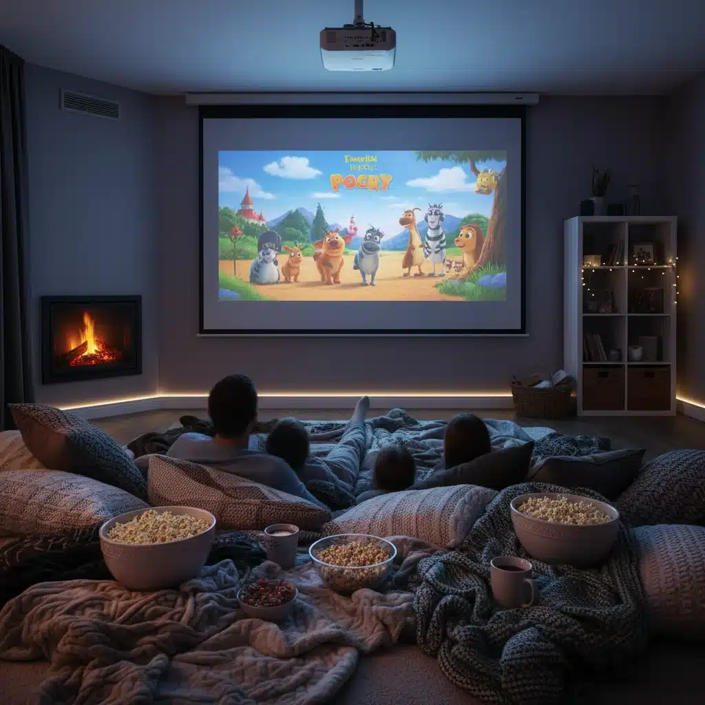 Family enjoying a cozy movie night at home.