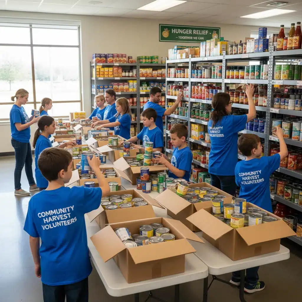 Children and parents sorting canned goods at a food bank, demonstrating family community service.