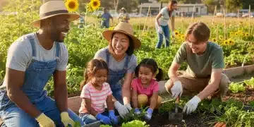 Diverse family happily gardening together, planting vegetables in a community garden, symbolizing family volunteering.