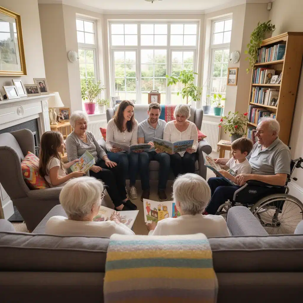 Family reading books to elderly residents in a nursing home, promoting intergenerational connection.