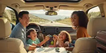 Happy family playing road trip games in a car during summer vacation
