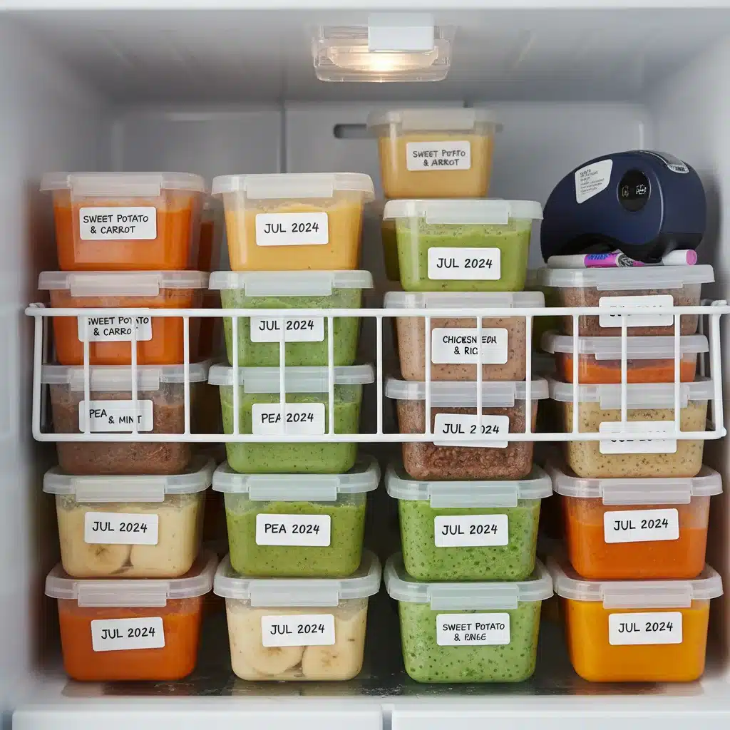 Assorted baby purees in labeled containers, neatly stored in a freezer.