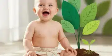 Happy baby in eco-friendly diaper with green leaves