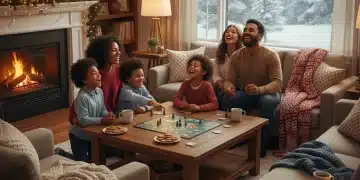 Happy family playing board game indoors on a snowy winter day.