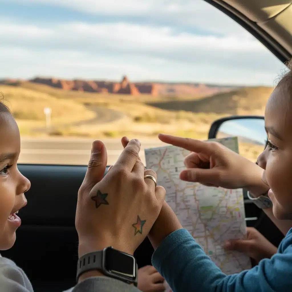 Family playing 'I Spy' game on a road trip, pointing out window