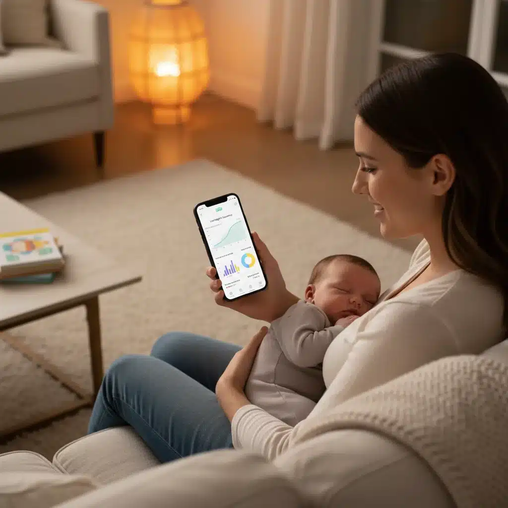 Parent reviewing baby sleep data on a smartphone app, indicating technological integration in sleep training.