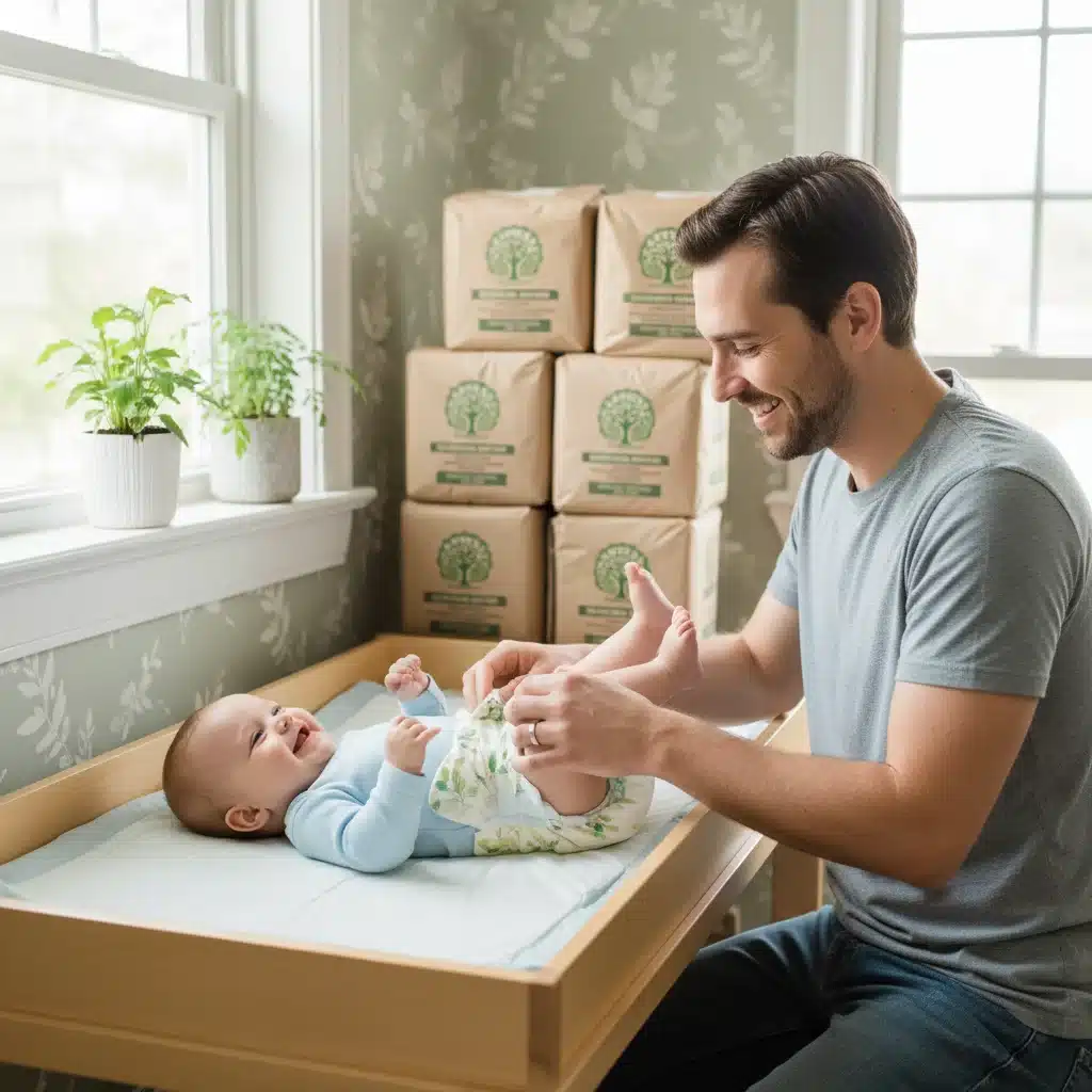 Parent changing baby with stack of eco-friendly diapers
