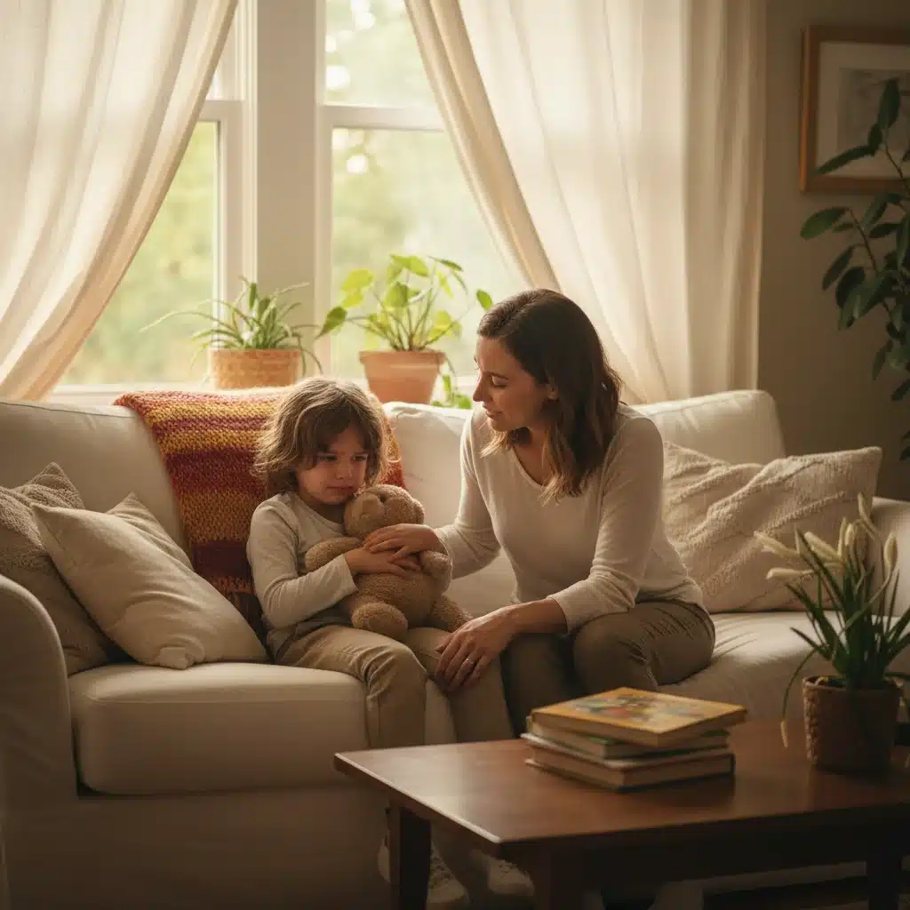 Parent actively listening to child's feelings in a comforting home environment.