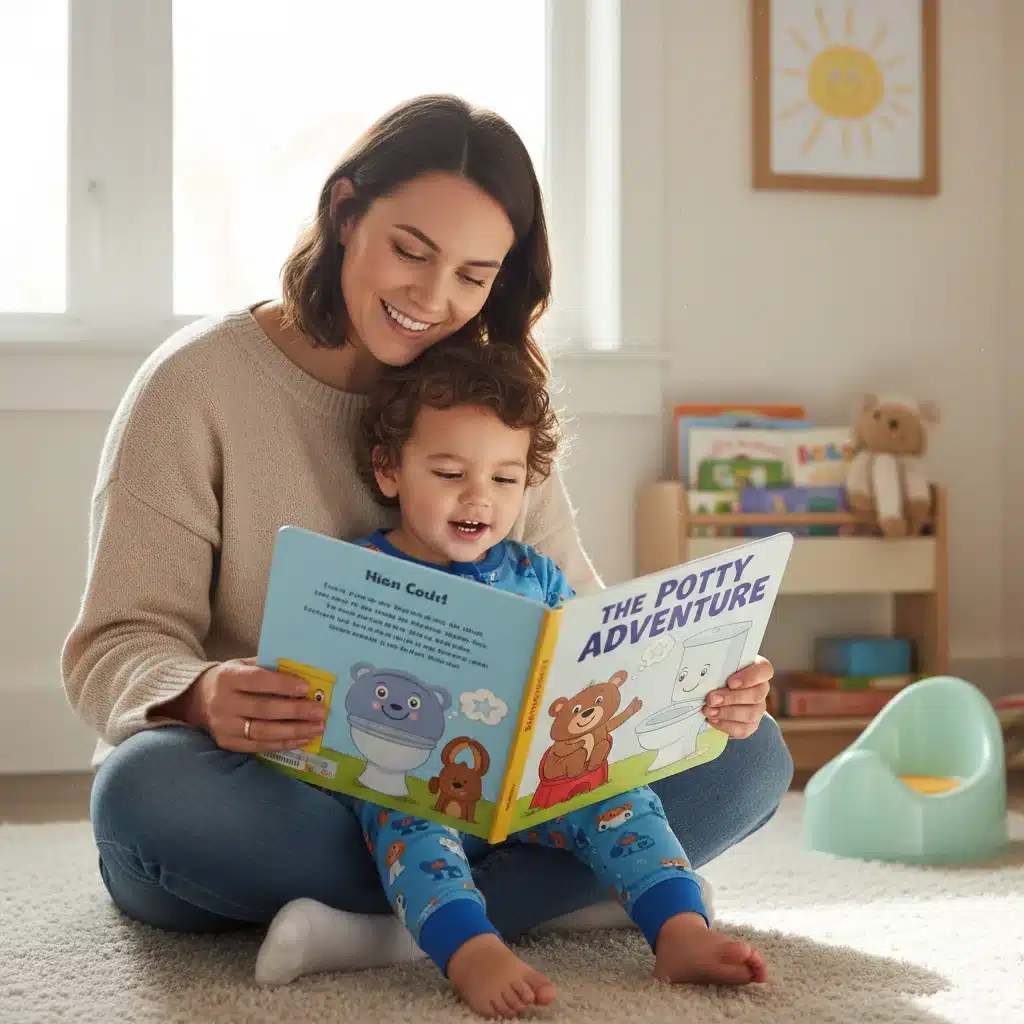 Parent and child engaged in reading a potty training storybook together, fostering positive learning.