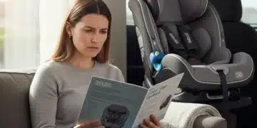 Parent reviewing 2026 car seat safety regulations brochure