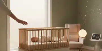 Peaceful baby sleeping in a modern crib with soft lighting, symbolizing new sleep methods success.