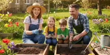 Family planting seeds in a vibrant spring garden