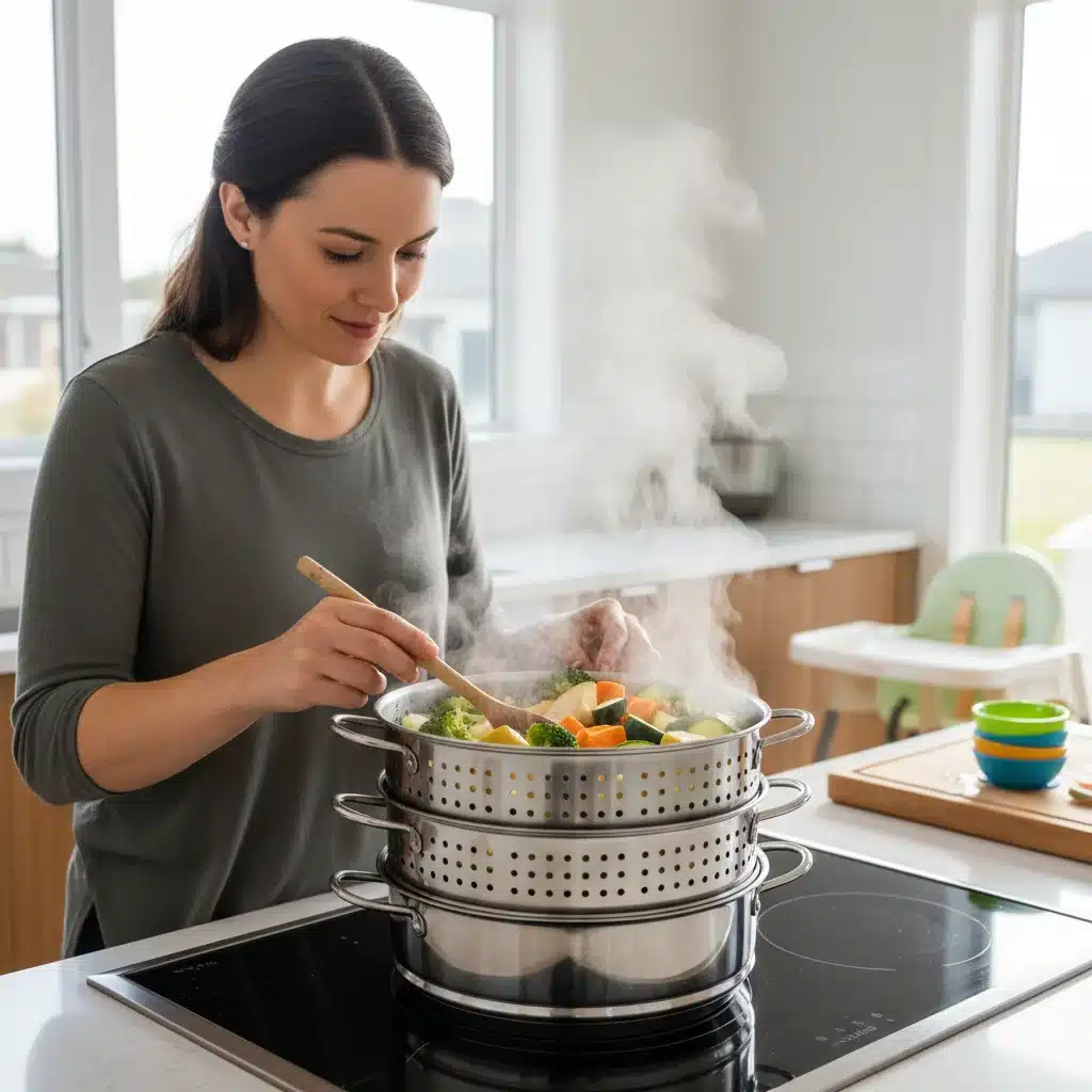 Steaming fresh vegetables and fruits for baby purees in a kitchen.