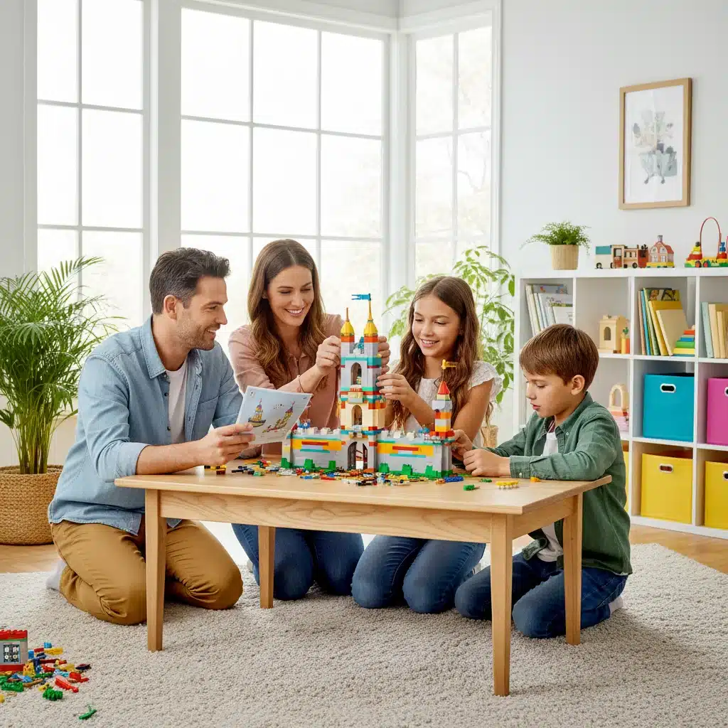 Family collaboratively solving problem with Legos