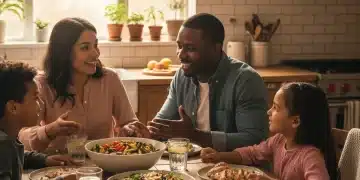 Happy diverse U.S. family communicating positively at dinner table