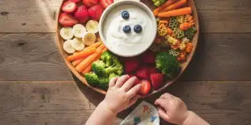Colorful healthy toddler meal spread on wooden table for optimal development