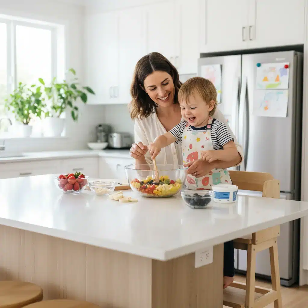 Parent and toddler joyfully preparing healthy meal together in a modern kitchen