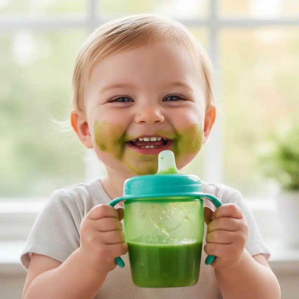 Happy toddler enjoying a green nutrient-rich smoothie in a sippy cup