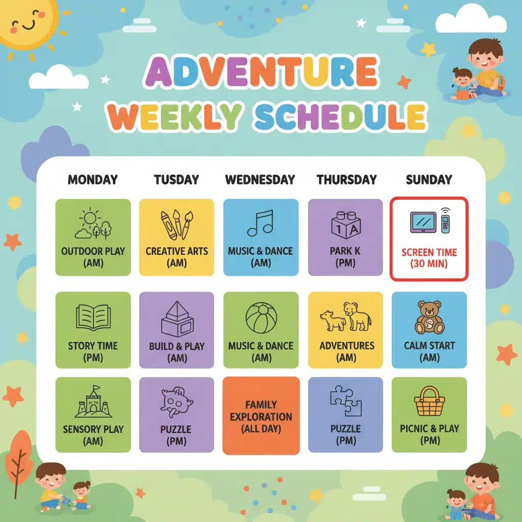 Infographic showing a balanced weekly schedule for toddlers, integrating screen time with other activities.