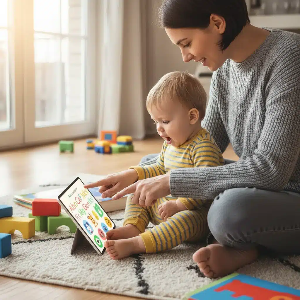 Parent and toddler co-viewing educational app on a tablet, fostering interactive learning.