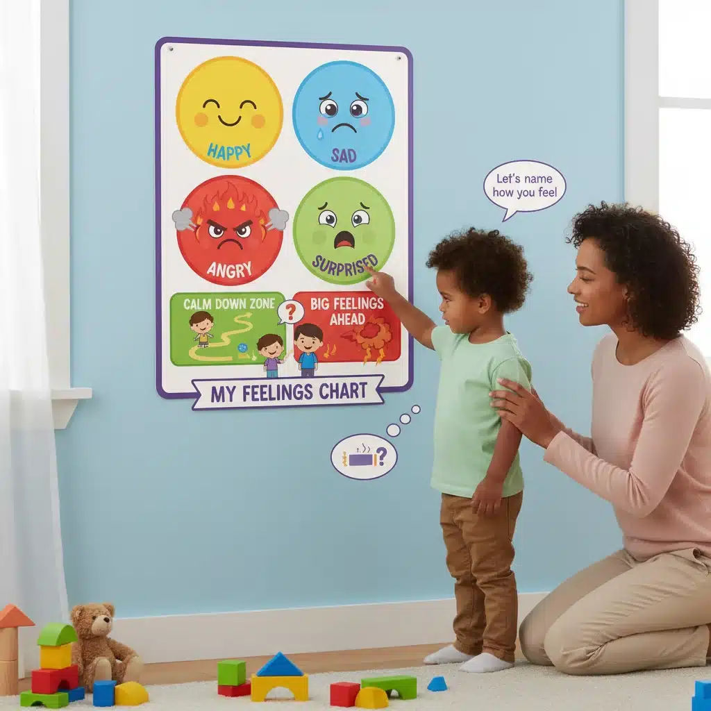 Child and parent using an emotions chart to identify feelings
