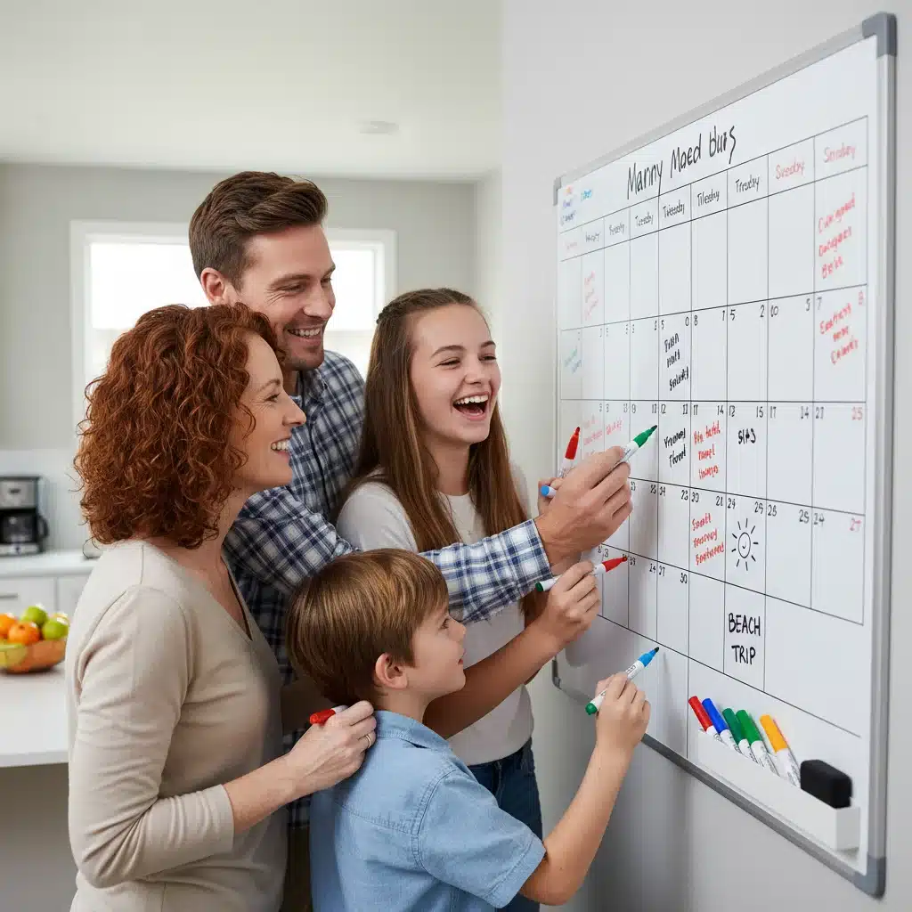 Family collaboratively planning their monthly activities on a large calendar.