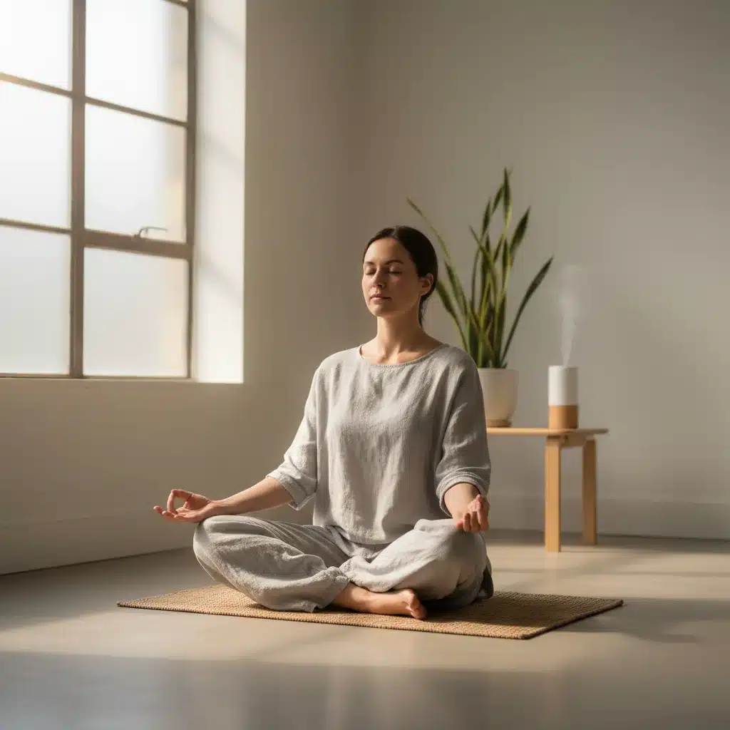 Person meditating peacefully in a calm, minimalist room to reduce stress.