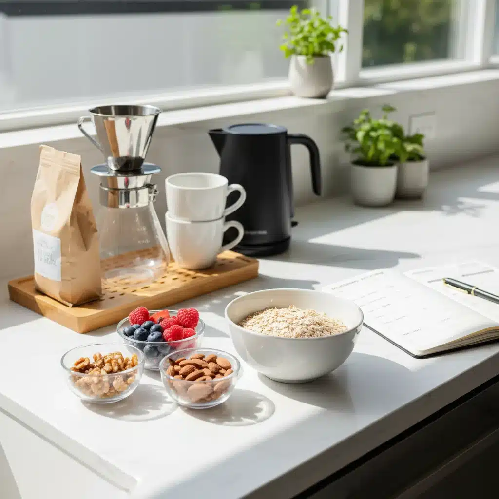 Organized kitchen with prepped breakfast and coffee, ready for a smooth morning routine.