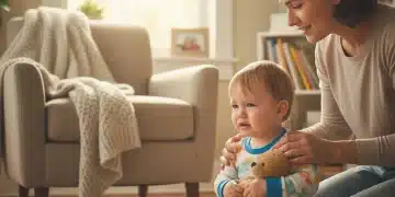 Parent comforting upset child, demonstrating patience