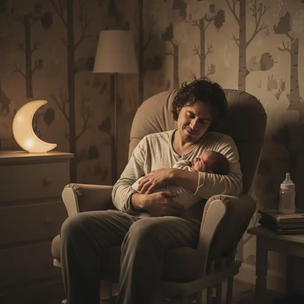 Tired parent gently rocking fussy baby in dim nursery during sleep regression.