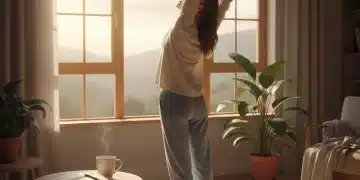Person enjoying a peaceful morning routine, stretching and drinking coffee by a sunlit window.