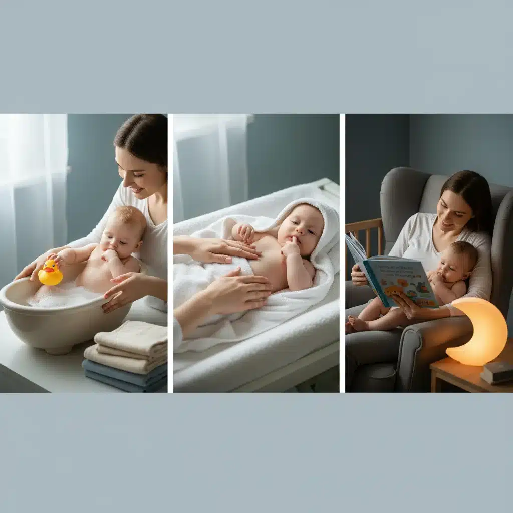 Parent establishing soothing bedtime routine with bath, massage, and book for baby.