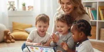 Toddler happily interacting with educational content on a tablet under parental supervision.